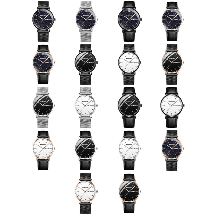 BINBOND B3820 30M Waterproof Ultra-thin Quartz Luminous Starry Watch, Black Net-Black-Starry, White Net-White-Starry, Black Leather-Black-Starry, Black Leather-White-Starry, Black Net-Rose Gold-Starry, Black Leather-Rose Gold-Starry                    ...