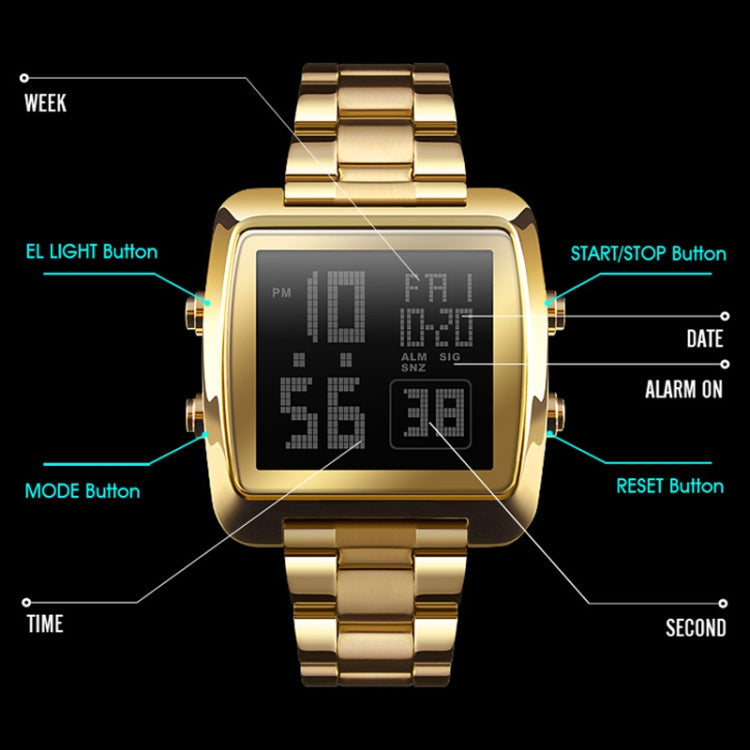 SKMEI 1369 Retro Waterproof Gold Watch Men Steel Belt Luminous Square Watch, 1369 Black, 1369 Rose Gold, 1369 Gold, 1369 Silver