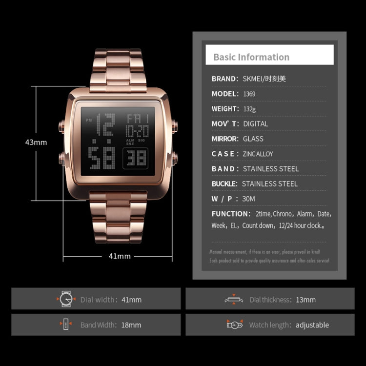 SKMEI 1369 Retro Waterproof Gold Watch Men Steel Belt Luminous Square Watch, 1369 Black, 1369 Rose Gold, 1369 Gold, 1369 Silver