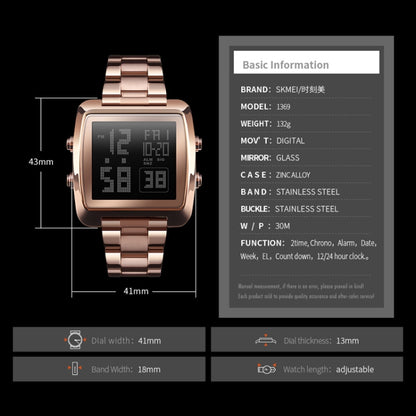 SKMEI 1369 Retro Waterproof Gold Watch Men Steel Belt Luminous Square Watch, 1369 Black, 1369 Rose Gold, 1369 Gold, 1369 Silver