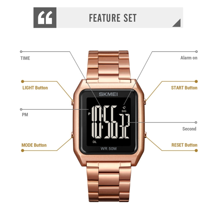 SKMEI 1879 Square Large Screen Men Steel Belt Multi-function EL Luminous Watch, Rose Gold, Gold, Silver, Black Black Machine, Black White Machine