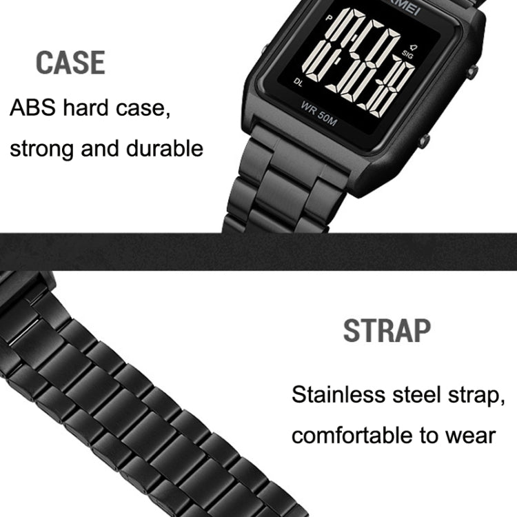 SKMEI 1879 Square Large Screen Men Steel Belt Multi-function EL Luminous Watch, Rose Gold, Gold, Silver, Black Black Machine, Black White Machine