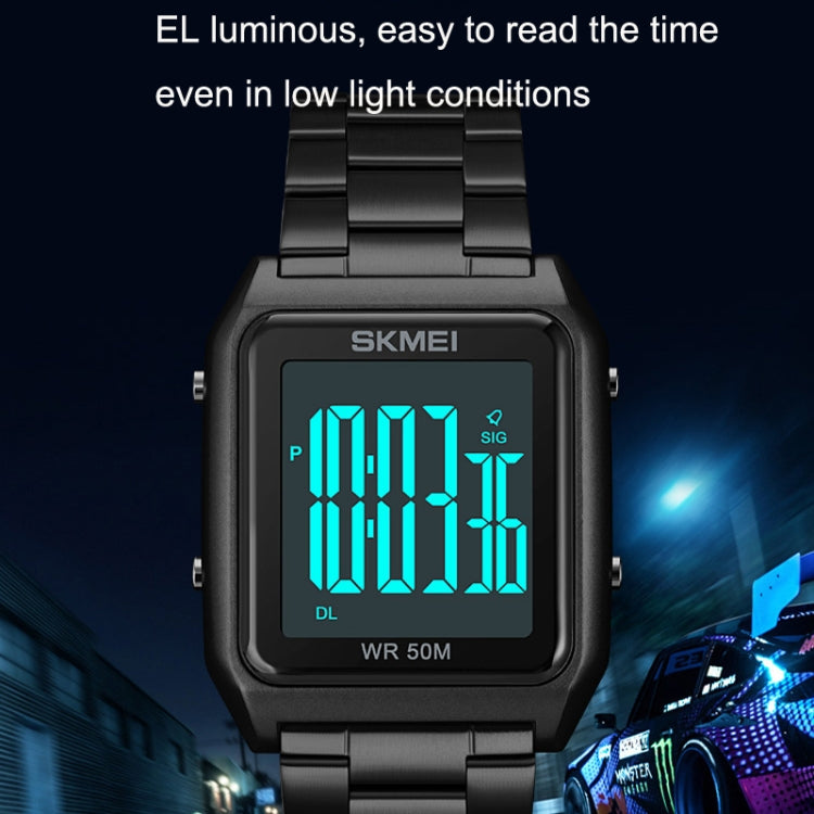 SKMEI 1879 Square Large Screen Men Steel Belt Multi-function EL Luminous Watch, Rose Gold, Gold, Silver, Black Black Machine, Black White Machine
