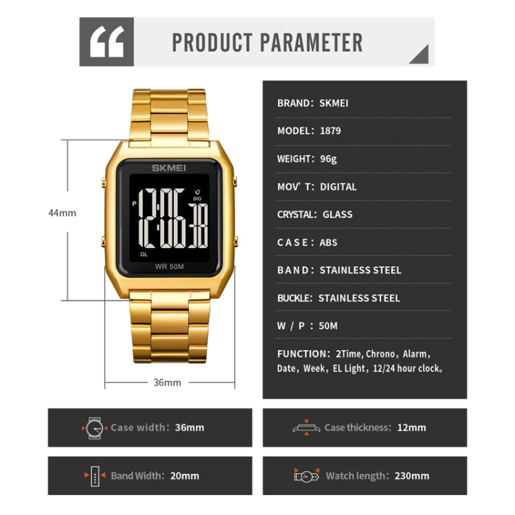 SKMEI 1879 Square Large Screen Men Steel Belt Multi-function EL Luminous Watch, Rose Gold, Gold, Silver, Black Black Machine, Black White Machine