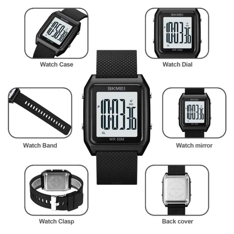 SKMEI 1866 Square Large Screen Men Steel Belt Multi-function Night Light Alarm Clock Watch, 1866 Silver White Machine, 1866 Silver Black Machine, 1866, 1866 Rose Gold White Machine, 1866 Rose Gold Black Machine, 1866 Gold White Machine                 ...