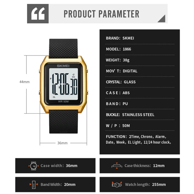 SKMEI 1866 Square Large Screen Men Steel Belt Multi-function Night Light Alarm Clock Watch, 1866 Silver White Machine, 1866 Silver Black Machine, 1866, 1866 Rose Gold White Machine, 1866 Rose Gold Black Machine, 1866 Gold White Machine                 ...