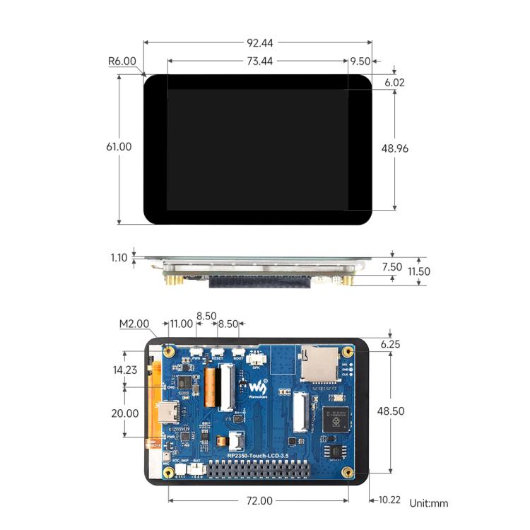 Waveshare RP2350 Dual-Core Development Board With 3.5-Inch 320x480 LCD, 65K Color Display, Standard Ver, With Case and OV5640 camera