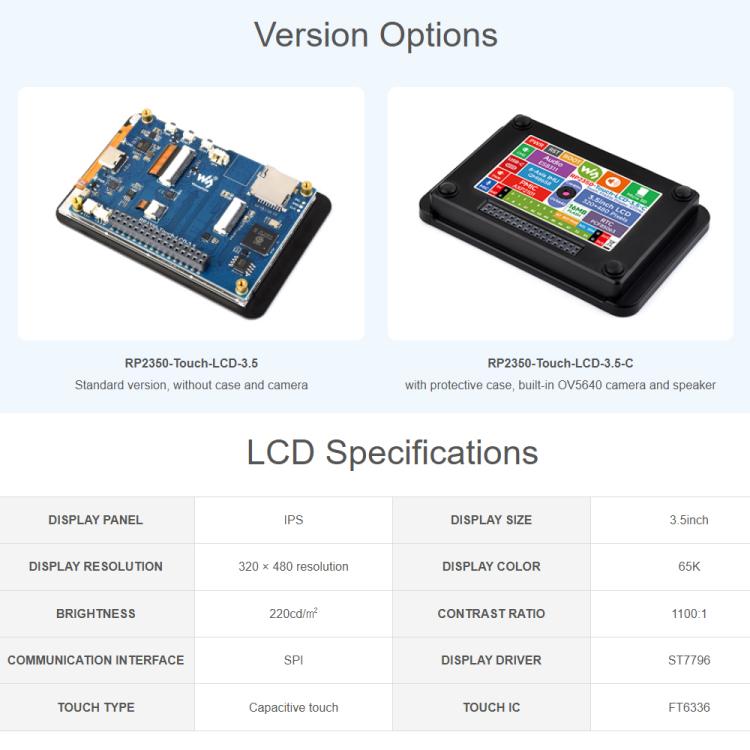 Waveshare RP2350 Dual-Core Development Board With 3.5-Inch 320x480 LCD, 65K Color Display, Standard Ver, With Case and OV5640 camera