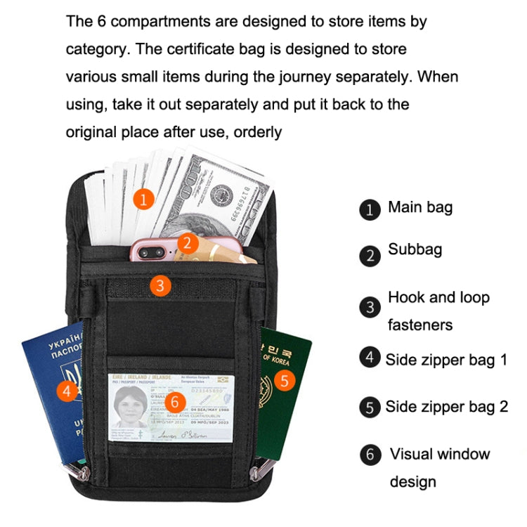 ZD-WM-06 RFID Hanging Neck Bag Passport Bag Anti-scanning Anti-magnetic Messenger ID Bag, ZD-WM-06 Beige Yellow, ZD-WM-06 Black