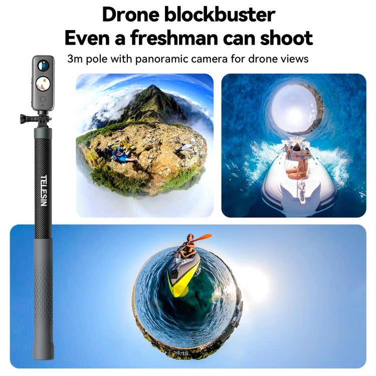 TELESIN 3M Carbon Fiber Selfie Stick Monopod  With 1/4 Screw For DJI, Insta360, GoPro and Other Action Cameras, 3m