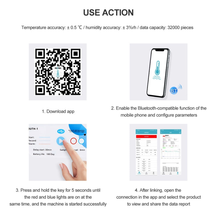 Bluetooth APP Connect Medical Warehouse Cold Chain Transport USB Data Recorder, Temperature Humidity