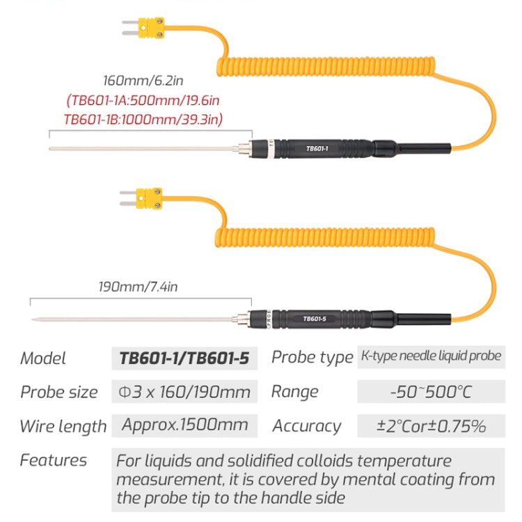 K-Type Probe Use With Thermometer, TASI TB601-1 Liquid Probe, TASI TB601-2 Surface Probe, TASI TB601-3 Surface Thermocouple, TASI TB601-4 Elbow Surface Thermocouple, TASI TB601-5 Pointed Needle Liquid Probe