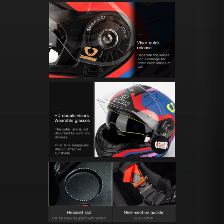 SOMAN Racing Motorcycle Double Lens Riding Safety Helmet, M, L, XL, XXL