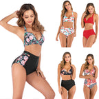 Lace-Up Halter Backless High-Waisted Swimsuit Split Printed Bikini Swimsuit, S, M, L