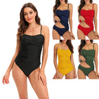 Summer Solid Color Suspender Swimsuit with Chest Pad Ruched Belly Cover Bikini, S, M, L, XL, XXL