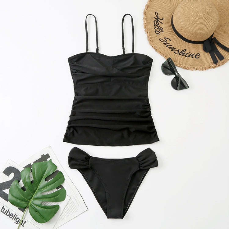 Summer Solid Color Suspender Swimsuit with Chest Pad Ruched Belly Cover Bikini, S, M, L, XL, XXL