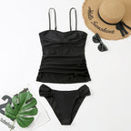 Summer Solid Color Suspender Swimsuit with Chest Pad Ruched Belly Cover Bikini, S, M, L, XL, XXL