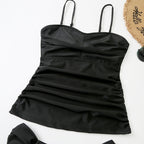 Summer Solid Color Suspender Swimsuit with Chest Pad Ruched Belly Cover Bikini, S, M, L, XL, XXL