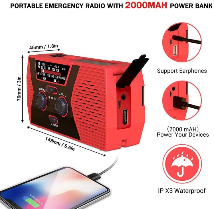 Emergency Radio Portable Hand Crank Solar Powered Radio, AM/FM/NoAA 2000mAh Red, AM/FM/NoAA 2000mAh Green, AM/FM/NoAA 2000mAh Orange