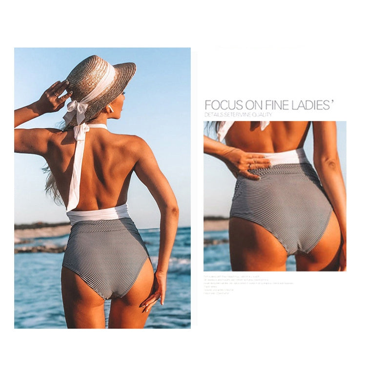 Summer One-piece Backless Lace-Up Ladies Swimsuit Floral-print Halter Bikini, S, M, L