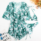 Leaf-print Waist Lace-up Three-Piece Bikini Set Long-sleeved Beach Sun Protection Swimsuit, S, M, L, XL