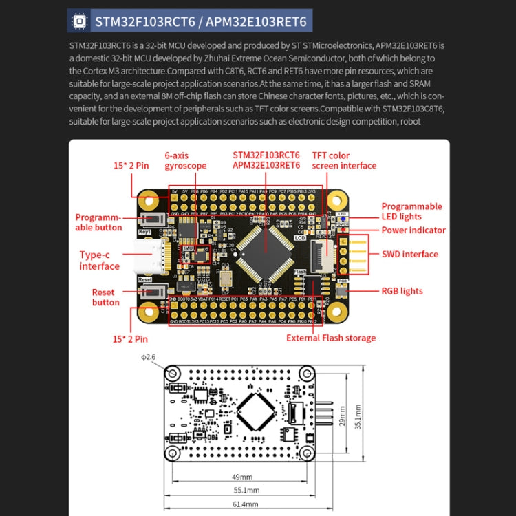 Yahboom MCU RCT6 Development Board STM32 Experimental Board ARM System Core Board, STM32F103C8T6, APM32E103RET6, STM32F103RCT6, 0.96 inch TFT Color Screen