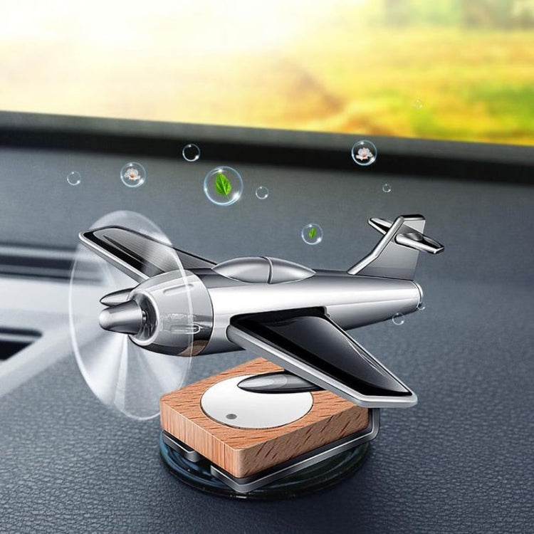 Solar Car Airplane Ornament Solid Aroma Diffuser Car Rotating Decoration Items, Wooden Base (Silver), Wooden Base (Black)