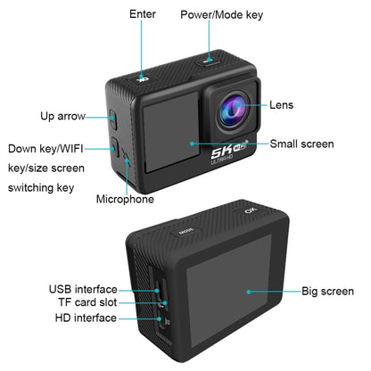 5K/30FPS WIFI HD Anti-Shake Remote Touch Dual-Screen IP68 Waterproof Sports Camera, 5K, 5K Camera + 64G Card, 5K Camera+128G Card