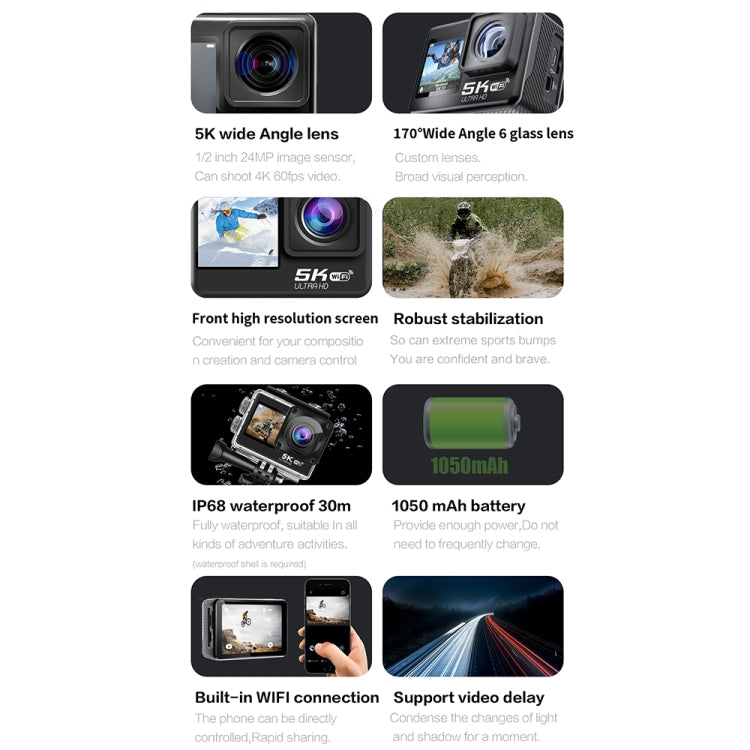 5K/30FPS WIFI HD Anti-Shake Remote Touch Dual-Screen IP68 Waterproof Sports Camera, 5K, 5K Camera + 64G Card, 5K Camera+128G Card