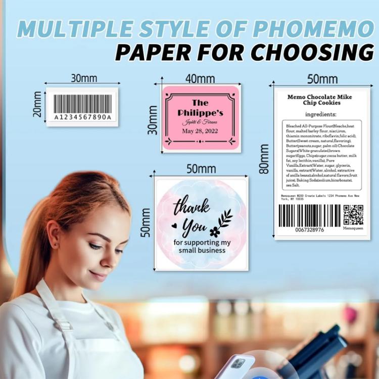 Thermal Labels For M110 Printer, Phomemo 10x20mm-1280pcs, Phomemo 25x15mm-400pcs, Phomemo 30x15mm-400pcs, Phomemo 30x20mm-320pcs, Phomemo 30x30mm-230pcs, Phomemo 30x40mm-180pcs, Phomemo 40x15mm-400pcs, Phomemo 40x30mm-230pcs, Phomemo 40x40mm-180pcs    ...
