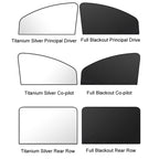 Heat-insulating Opaque Vinyl Coated Magnetic Car Curtains, Full Blackout Principal Drive, Full Blackout Co-pilot, Full Blackout Rear Row, Titanium Silver Principal Driver, Titanium Silver Co-pilot, Titanium Silver Rear Row