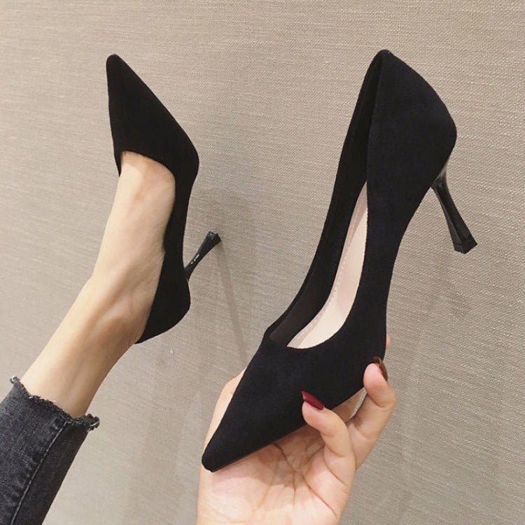 Women Suede High Heels Shallow Mouth Pointed Toe Square Buckle Thin Heel Pumps, 34, 35, 36, 37, 38, 39, 40