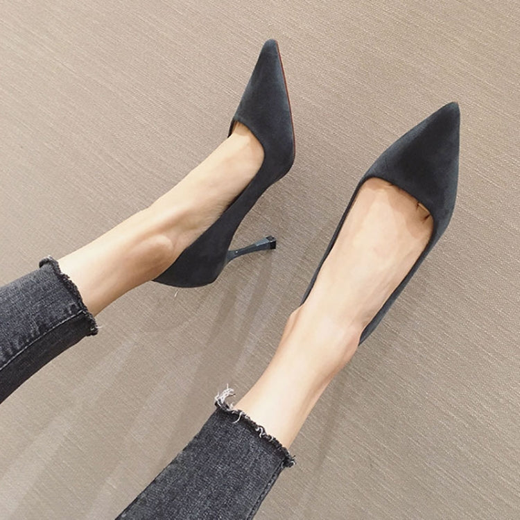 Women Suede High Heels Shallow Mouth Pointed Toe Square Buckle Thin Heel Pumps, 34, 35, 36, 37, 38, 39, 40