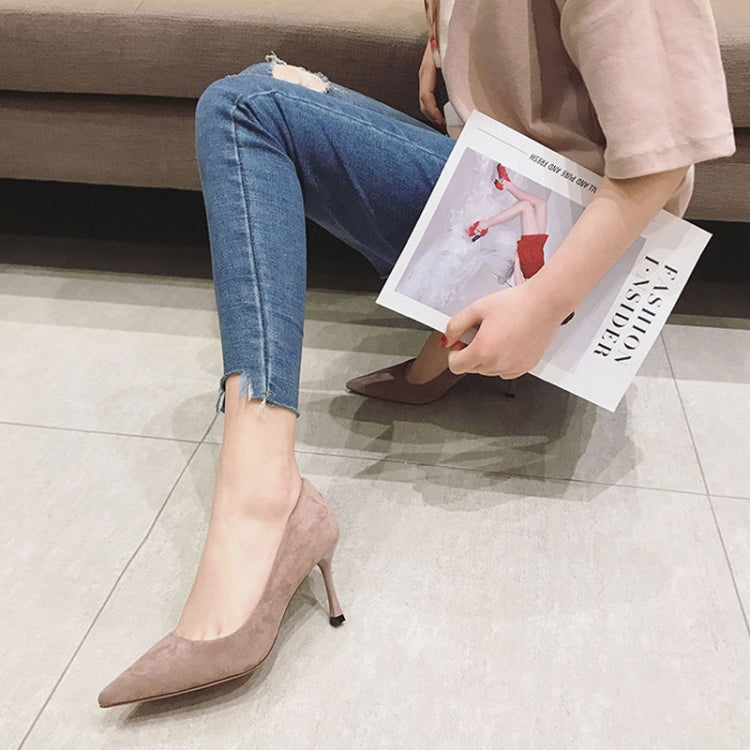 Women Suede High Heels Shallow Mouth Pointed Toe Square Buckle Thin Heel Pumps, 34, 35, 36, 37, 38, 39, 40
