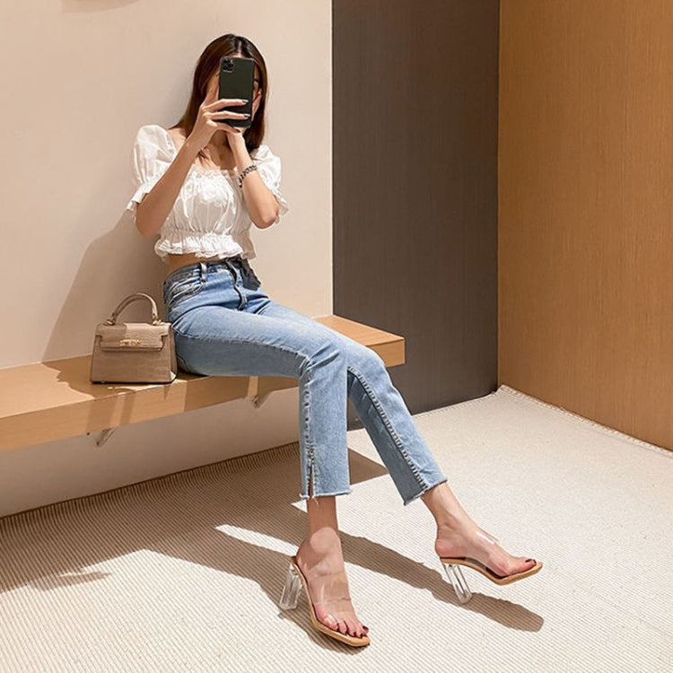 9cm Women Outerwear Sandals Summer Thick High-Heeled Crystal Transparent Flip Flops, 36, 37, 38, 39, 40