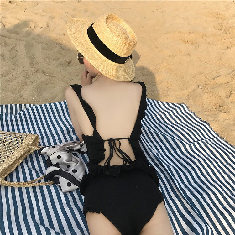 Summer Ruffled Suspenders One-piece Sexy Backless Swimsuit, S, M, L