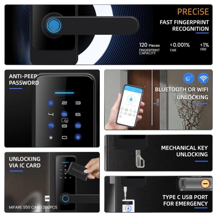 C89 Smart Fingerprint Password Lock Home Indoor Door TUYA System Lock, C89 Silver, C89 Black