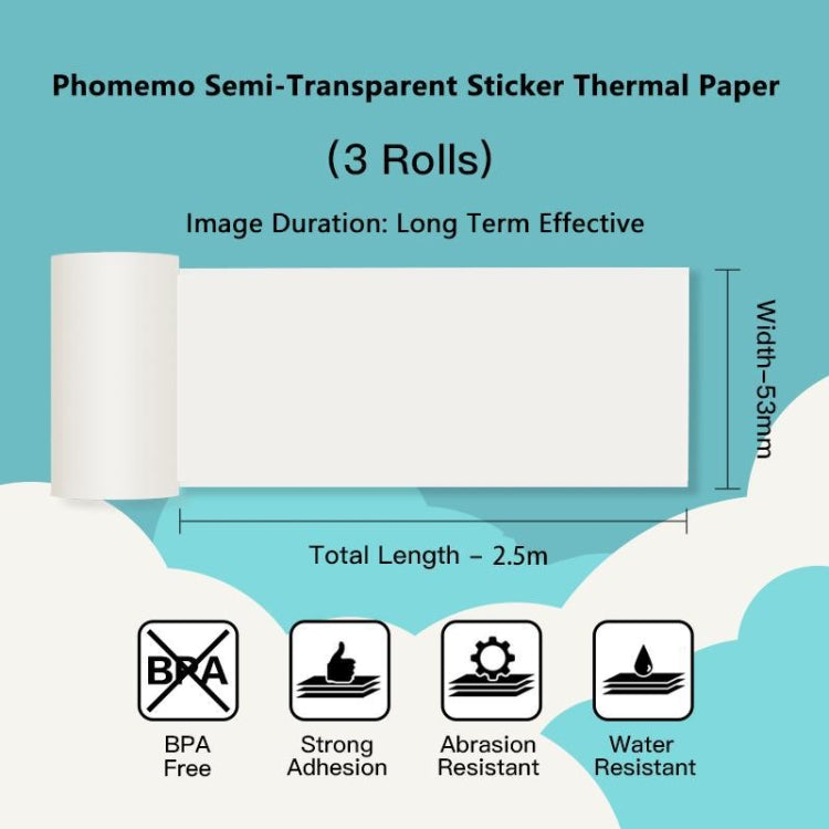 Phomemo 3rolls /Pack 50mm Translucent Bottom Black Words Self-Adhesive Printer Sensitive Label Printing Paper For M02 / M02S / M02Pro / M03, Translucent Bottom