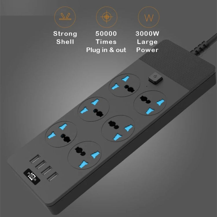 TB-T12 3000W 2m 4-USB Ports + 6-Jacks Multifunctional Flame-Retardant Socket With Switch, UK Plug, EU Plug, US Plug