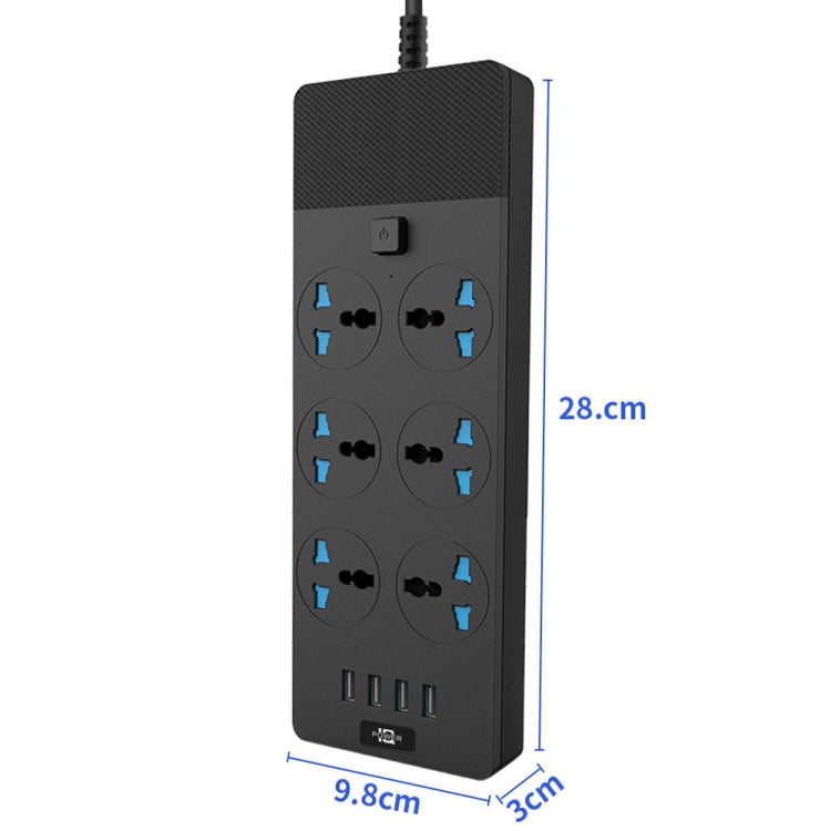 TB-T12 3000W 2m 4-USB Ports + 6-Jacks Multifunctional Flame-Retardant Socket With Switch, UK Plug, EU Plug, US Plug
