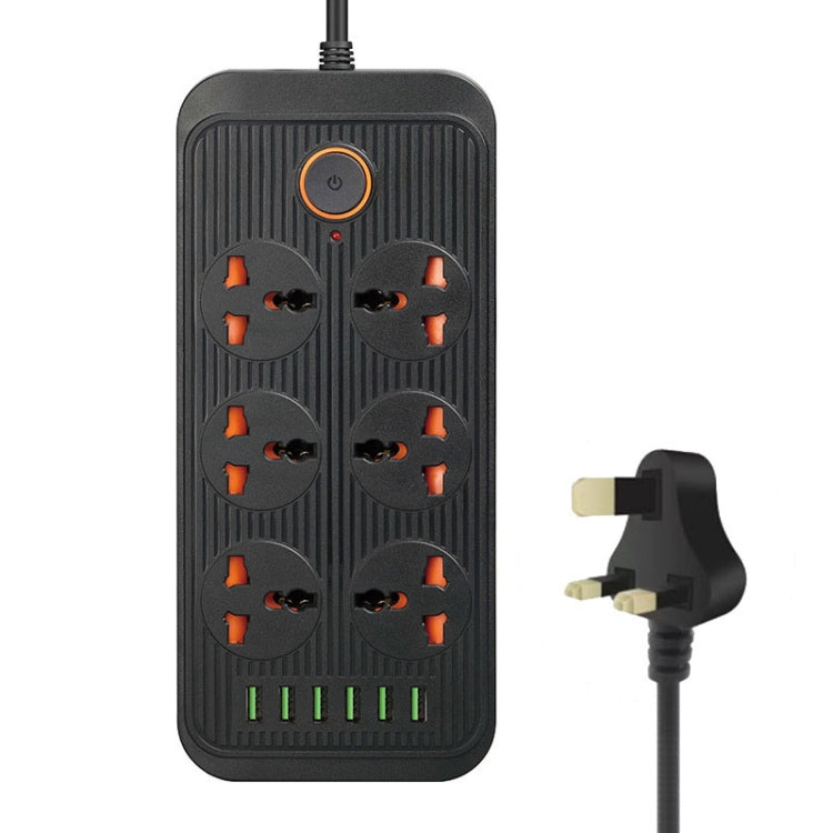 A07 2m 3000W 6 Plugs + 6-USB Ports Multifunctional Flame-retardant Socket with Switch, UK Plug, US Plug