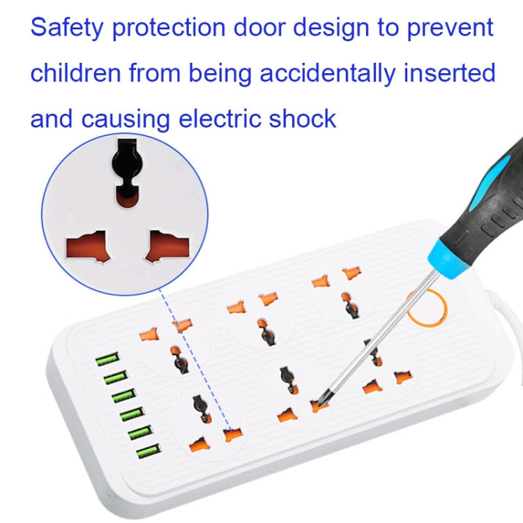 A07 2m 3000W 6 Plugs + 6-USB Ports Multifunctional Flame-retardant Socket with Switch, UK Plug, US Plug