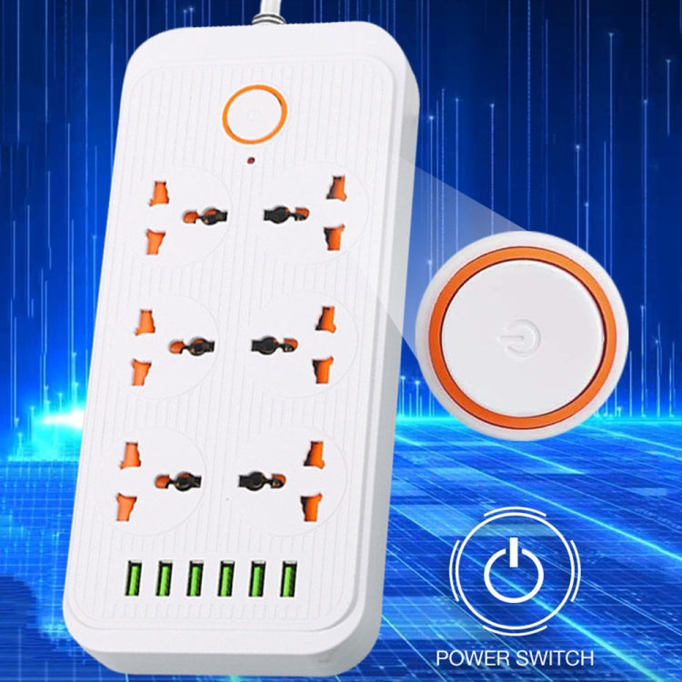 A07 2m 3000W 6 Plugs + 6-USB Ports Multifunctional Flame-retardant Socket with Switch, UK Plug, US Plug