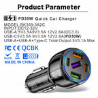 3USB+2PD 75W Dual Line Car Mobile Phone Fast Charging Charger, Black, White