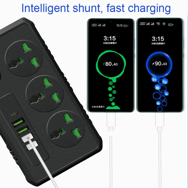 B09 2m 3000W 3 Plugs + PD + 4-USB Ports Multifunctional Flame-Retardant Socket With Switch, UK Plug, US Plug
