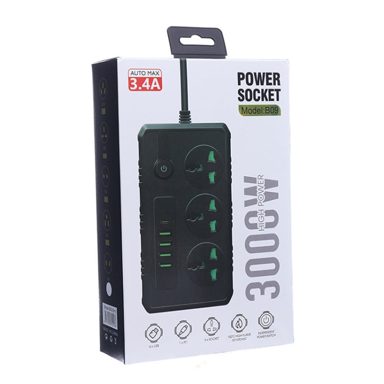 B09 2m 3000W 3 Plugs + PD + 4-USB Ports Multifunctional Flame-Retardant Socket With Switch, UK Plug, US Plug