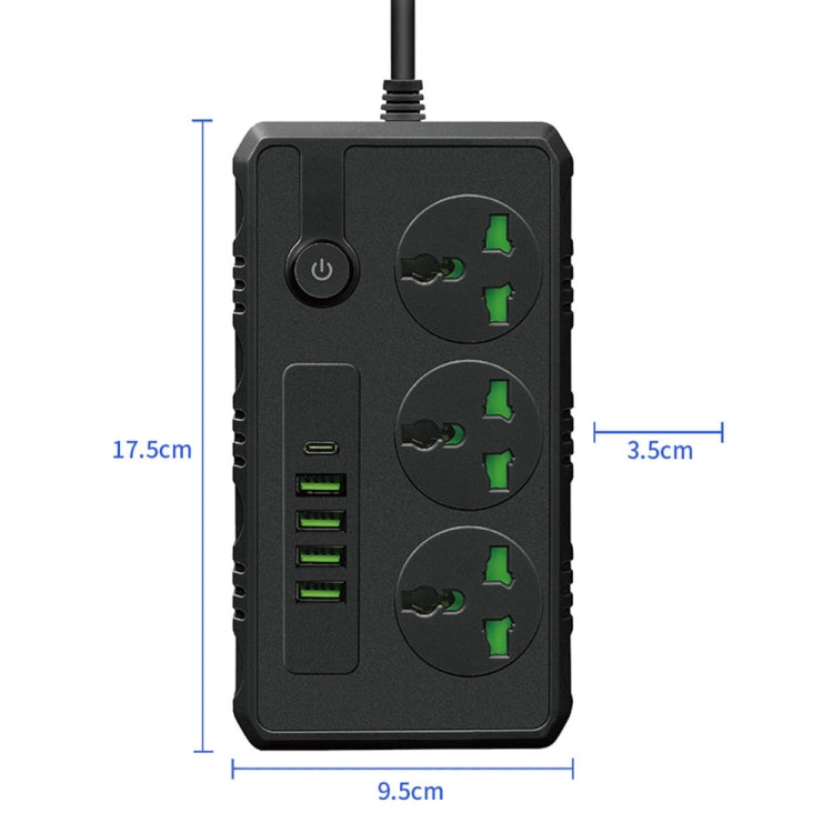 B09 2m 3000W 3 Plugs + PD + 4-USB Ports Multifunctional Flame-Retardant Socket With Switch, UK Plug, US Plug