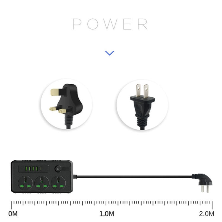 B09 2m 3000W 3 Plugs + PD + 4-USB Ports Multifunctional Flame-Retardant Socket With Switch, UK Plug, US Plug