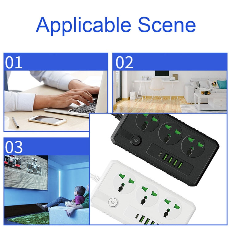 B09 2m 3000W 3 Plugs + PD + 4-USB Ports Multifunctional Flame-Retardant Socket With Switch, UK Plug, US Plug