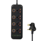 A05 2m 3000W 4 Plugs + 6-USB Ports Multifunctional Flame-Retardant Socket With Switch, UK Plug, US Plug